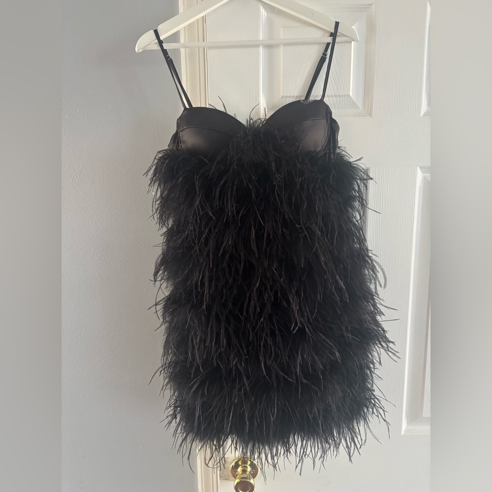 Fashion Nova Black Feather Trim Slip Dress